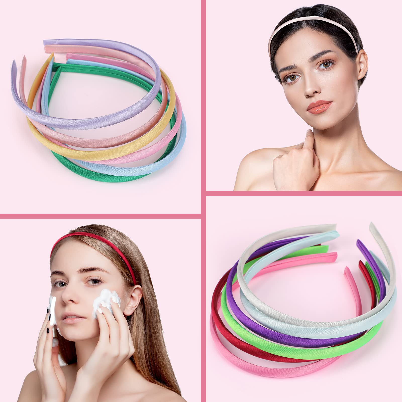 XunYee Satin Covered Headbands for Women - 100 Pieces 0.4 Inch Width Colorful Thin Plain Hairbands (Multi Colors)