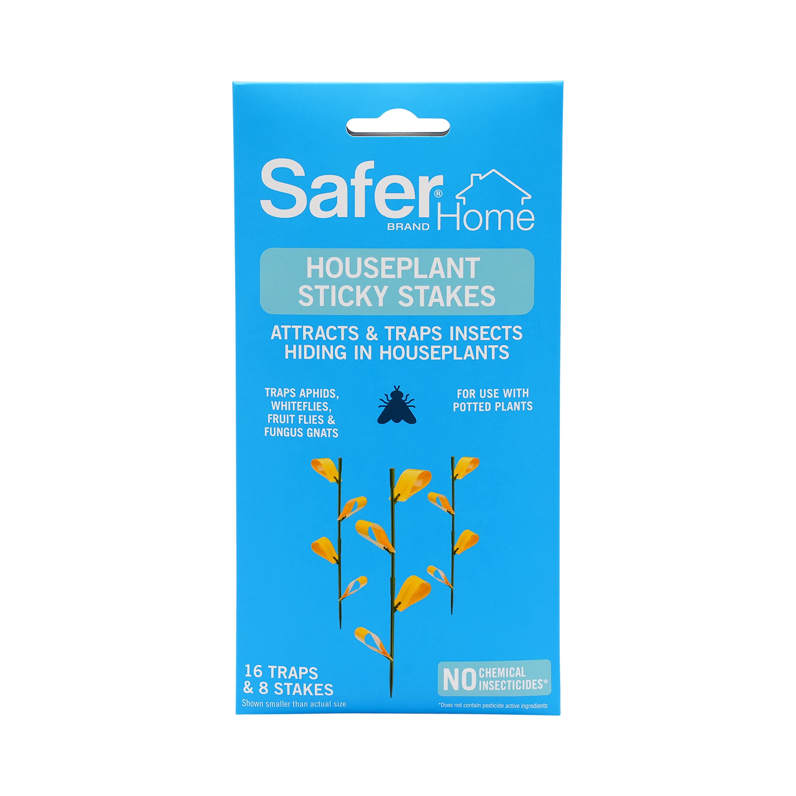 Safer Brand Home SH5026 Houseplant Sticky Stake Insect Traps for Indoor Plants - 16 Traps Included - Controls Aphids, Whiteflies, Fruit Flies, Fungus Gnats, and Other Insects