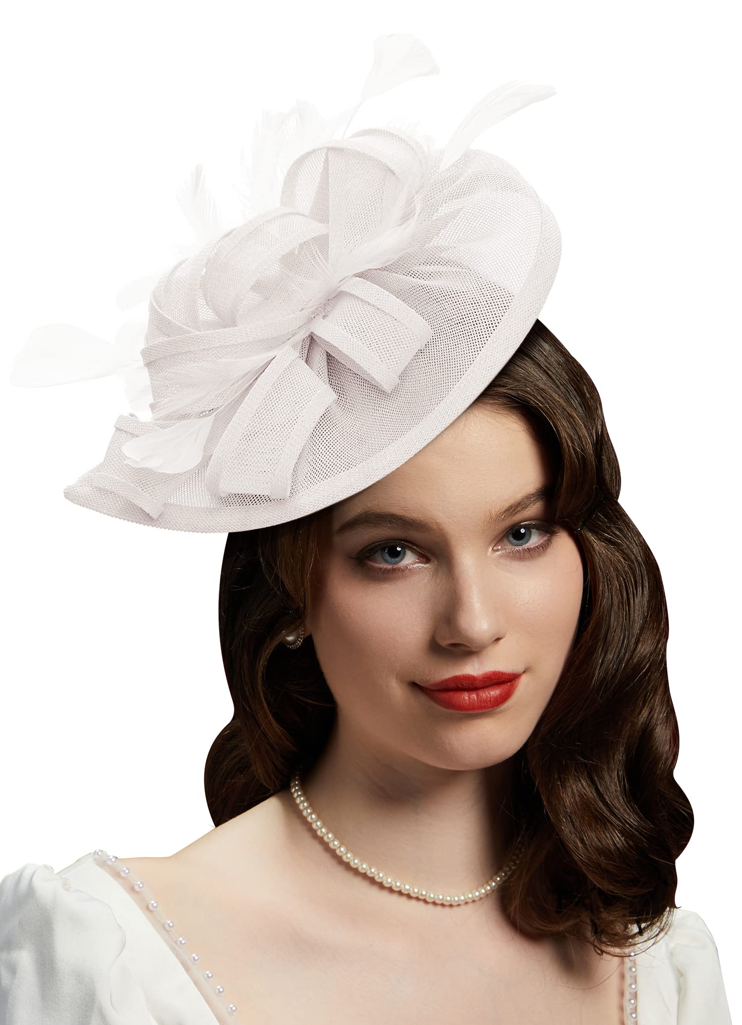 Cizoe Fascinators for Women Tea Party Hats Kentucky Derby Feather Fascinator Headbands Wedding with Hair Clip(A-white)