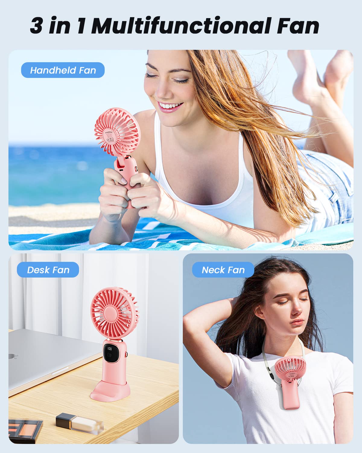 coldSky Portable Handheld Fan, 4000mAh Battery Operated Fan with LED Display, Handheld/Neck/Desk 3 in 1 Personal Small Fan, 90° Foldable Desk Fan with Base, 5 Speed Lash Fan Makeup Fan for Women