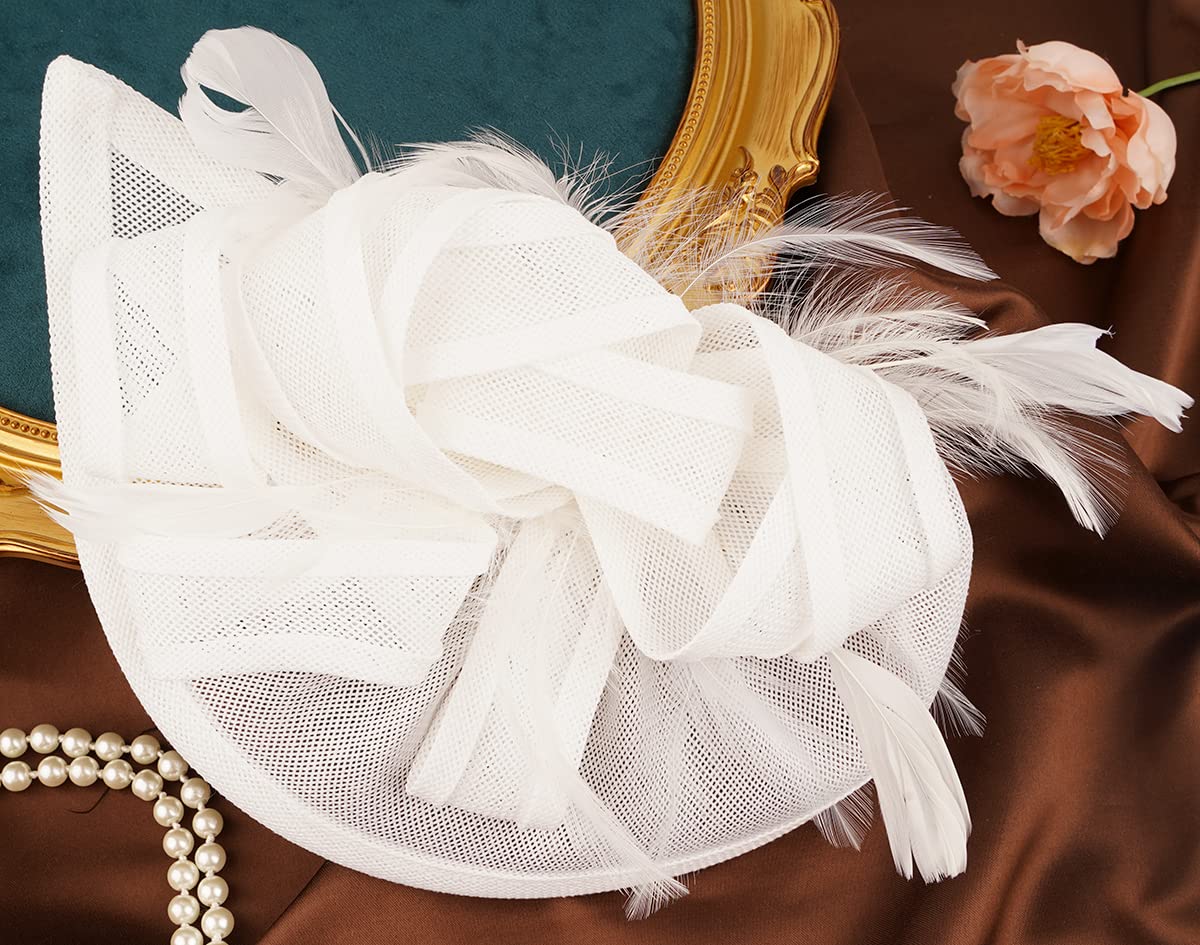 Cizoe Fascinators for Women Tea Party Hats Kentucky Derby Feather Fascinator Headbands Wedding with Hair Clip(A-white)