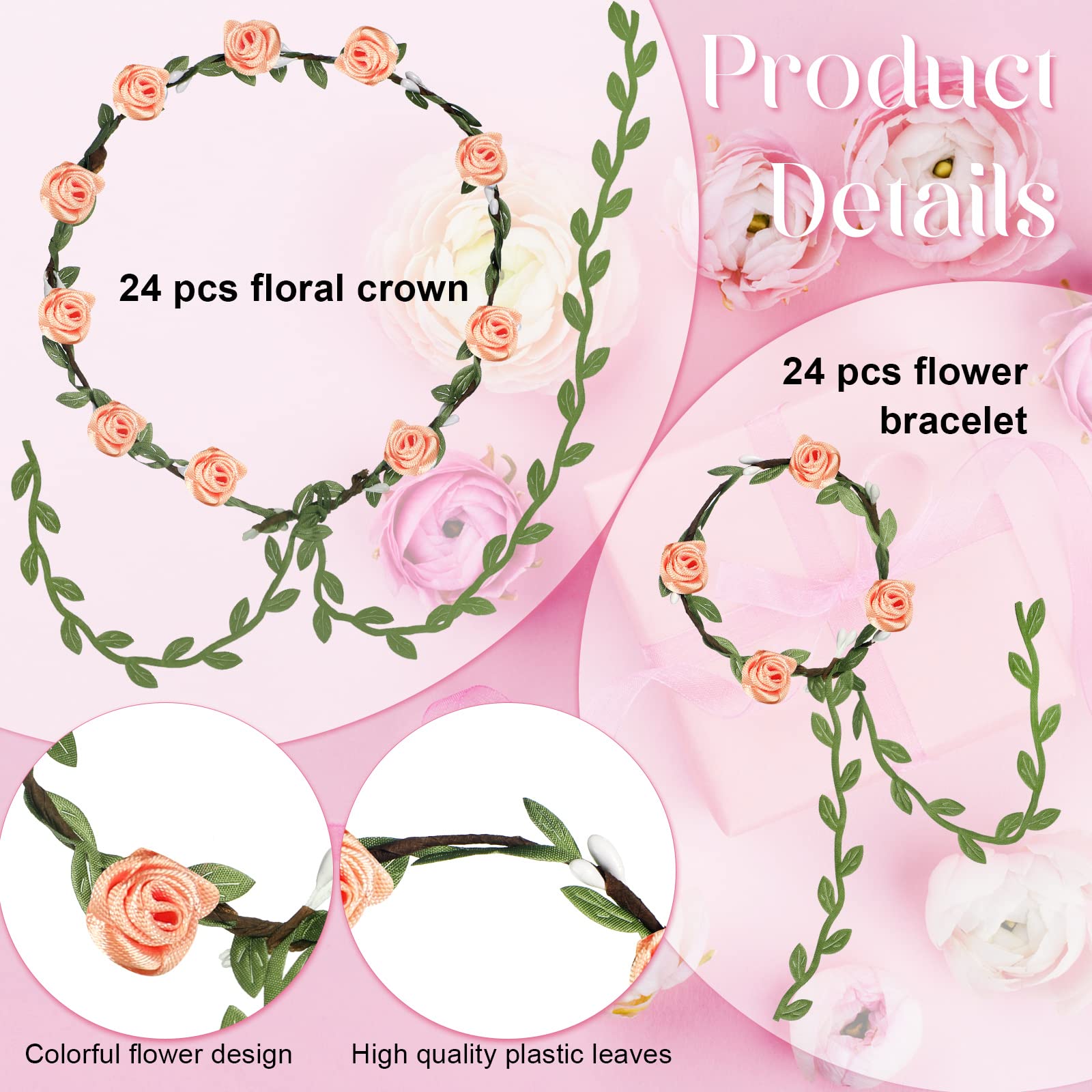 XunYee 48 Pcs Flower Crowns and Bracelets Kit 24 Boho Flower Garland Headbands Hair Wreath 24 Floral Wristbands for Girls Wedding Birthday Party Supplies