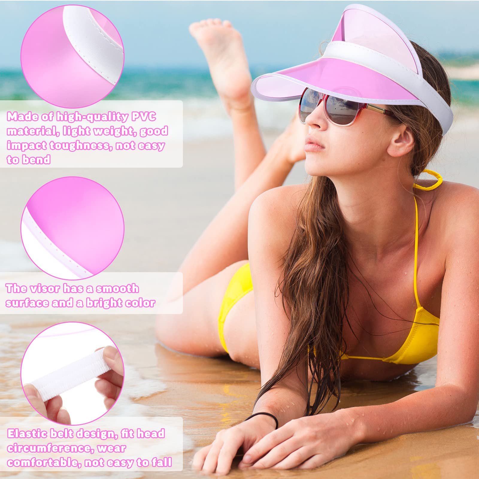 Jeyiour 12 Pcs Transparent Sun Visor PVC UV Protection Poker Visor Beach for Women Outdoor Sports Football Party(Pink)