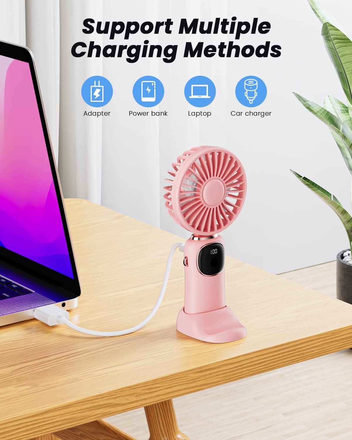 coldSky Portable Handheld Fan, 4000mAh Battery Operated Fan with LED Display, Handheld/Neck/Desk 3 in 1 Personal Small Fan, 90° Foldable Desk Fan with Base, 5 Speed Lash Fan Makeup Fan for Women