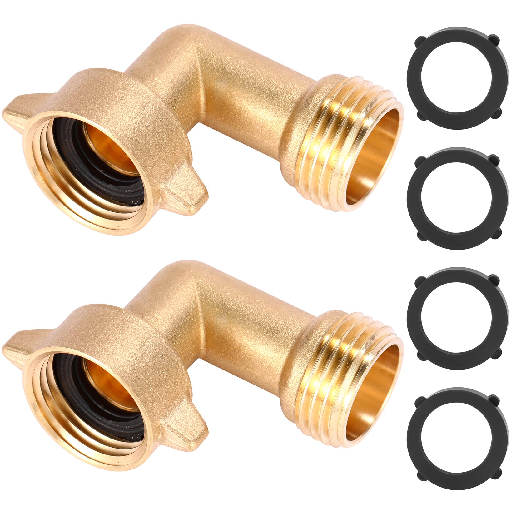 Sanpaint 2 Pack Garden Hose Elbow Connector 90 Degree Brass Hose Elbow, 3/4" Heavy Duty Hose Adapter with 4 O-rings Brass Garden Hose Elbow Solid Brass Adapter