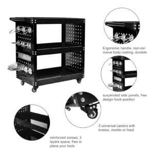 Rolling Tool Cart,3 Tier Heavy Duty Mechanic Tool Storage Cart on Wheels,Side Pegboard kit and Lockable System, 14 Hooks, 300lbs Load Capacity, for Garage Warehouse Workshop Repair Shop (Black)