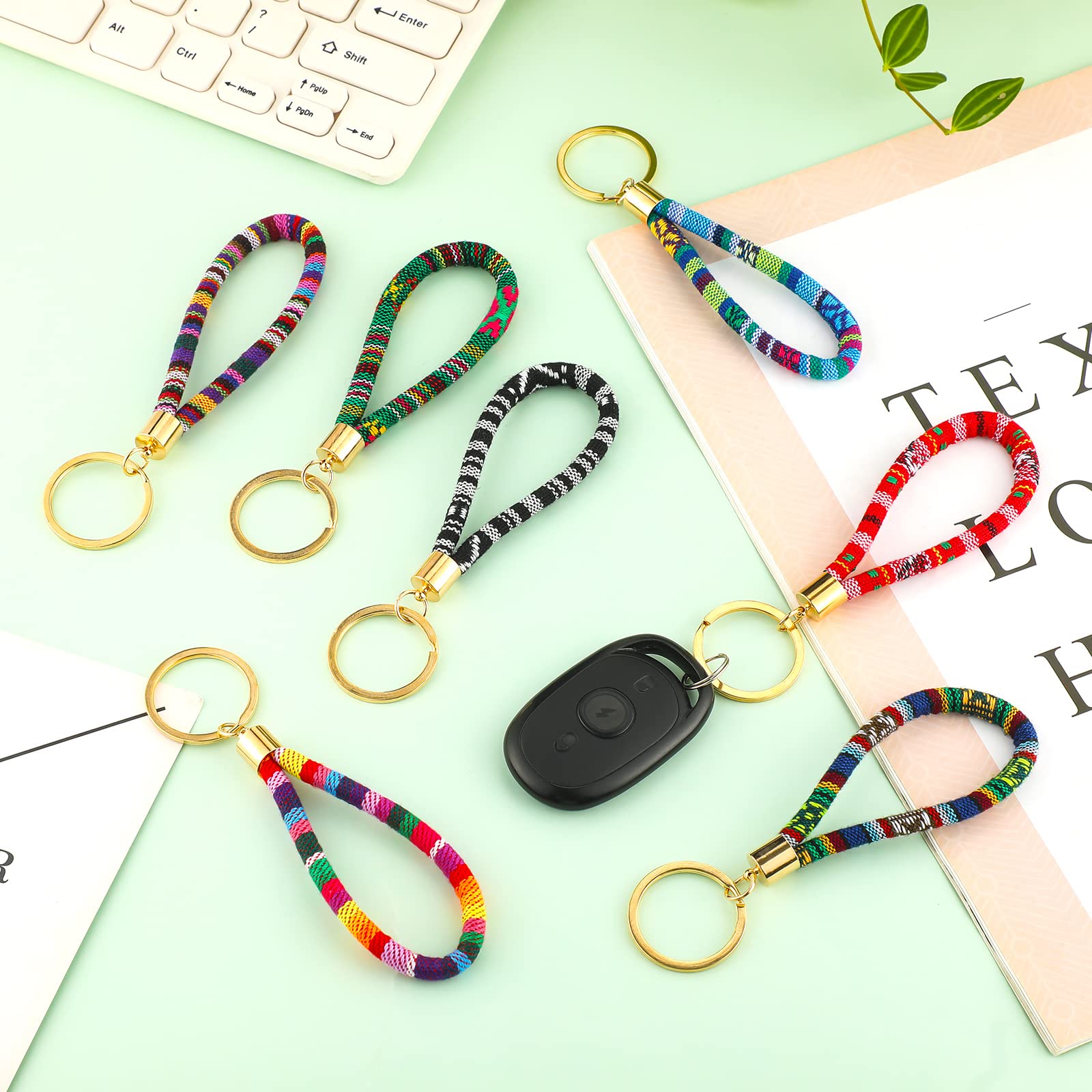 Junkin 24 Pcs Boho Surfer Key Chain with Golden Key-ring Bulk for Women Men Hippie Keychain Summer Festival Decorative Accessories Handmade Cute Keychain for Car Wallet Purse Holder