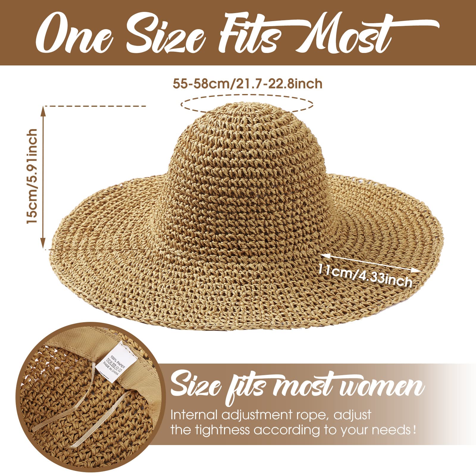 Bonuci 6 Pcs Floppy Straw Sun Hat Foldable Packable Wide Brim Scarecrow Hat Breathable Crochet Bucket Beach Hat (Khaki,Classic)