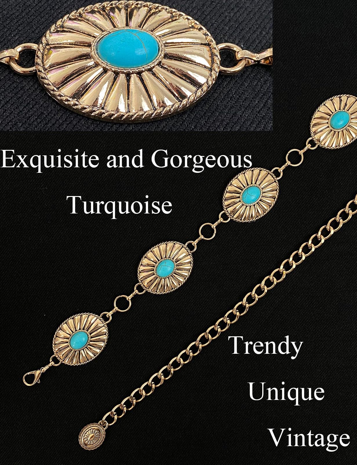 BEMYLV Turquoise Concho Belts for Women Western Gold Cowgirl Metal Belt Boho Waist Chains Dresses Jeans