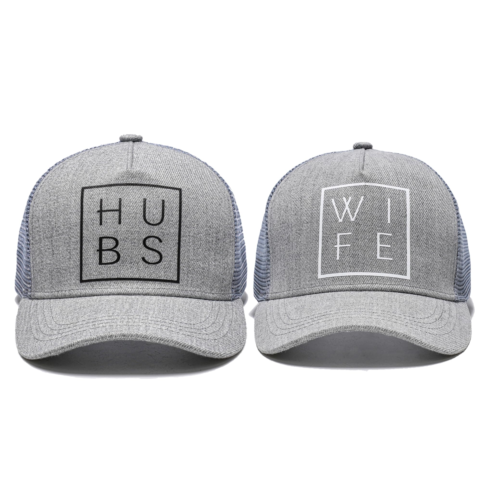 Heather Gray Hubs and Wife Trucker Hats Set of 2 Engagement Gifts for Couples Honeymoon Essentials/Outfits Baseball Caps Mr and Mrs Snapback Bride and Groom Gifts His and Hers Hats Wedding Gifts