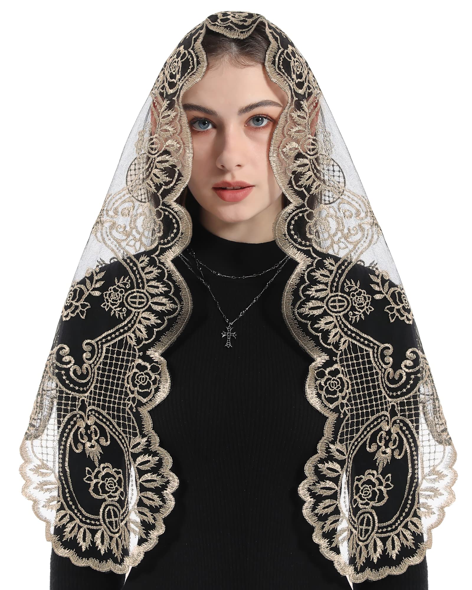 Bozidol Church Veil Lace Mantilla - Triangle Virgin Mary Head Covering Spanish Veil for Women