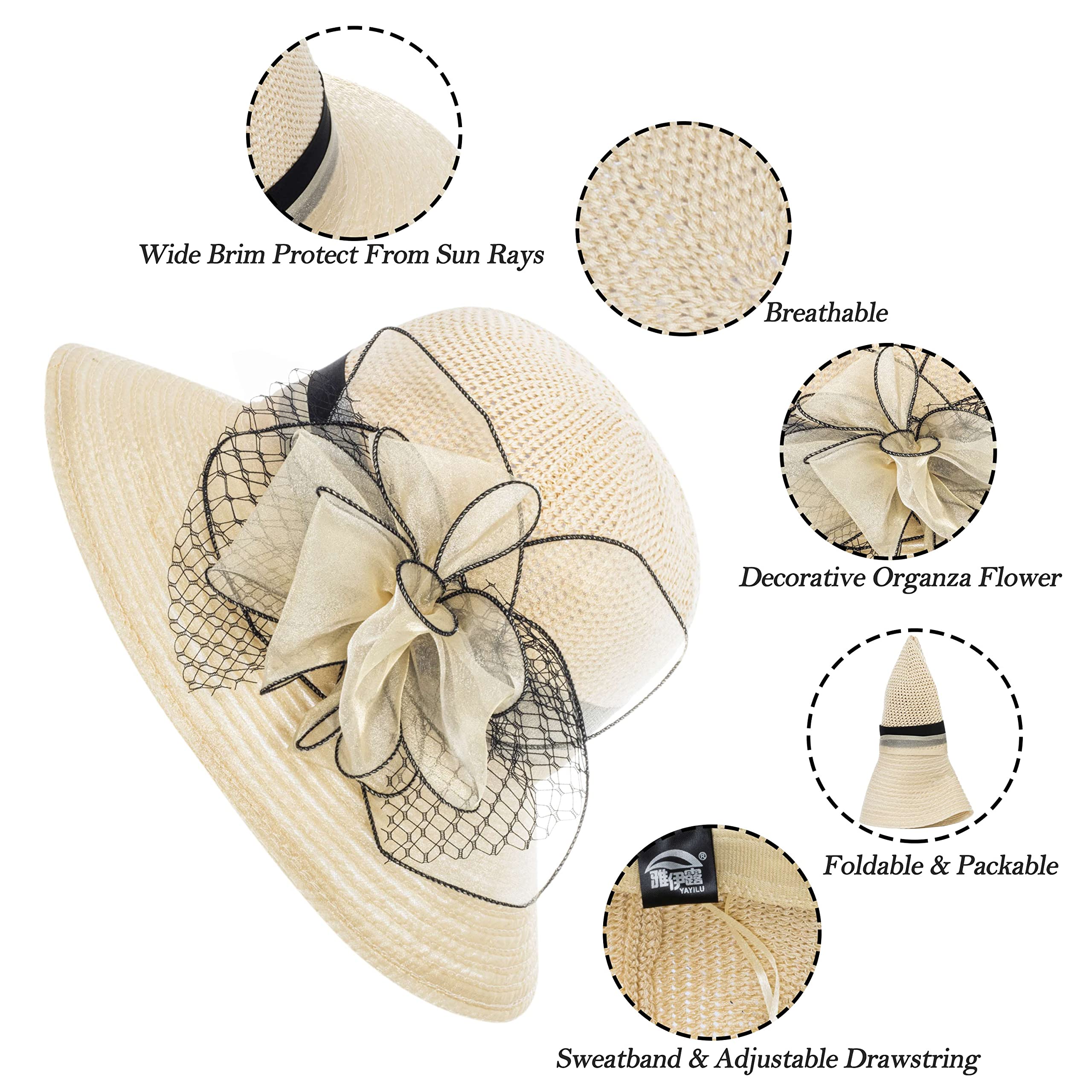 Women Kentucky Organza Derby Hat - Bridal Wedding Church Tea Party Wide Brim Summer Sun Cap Beige