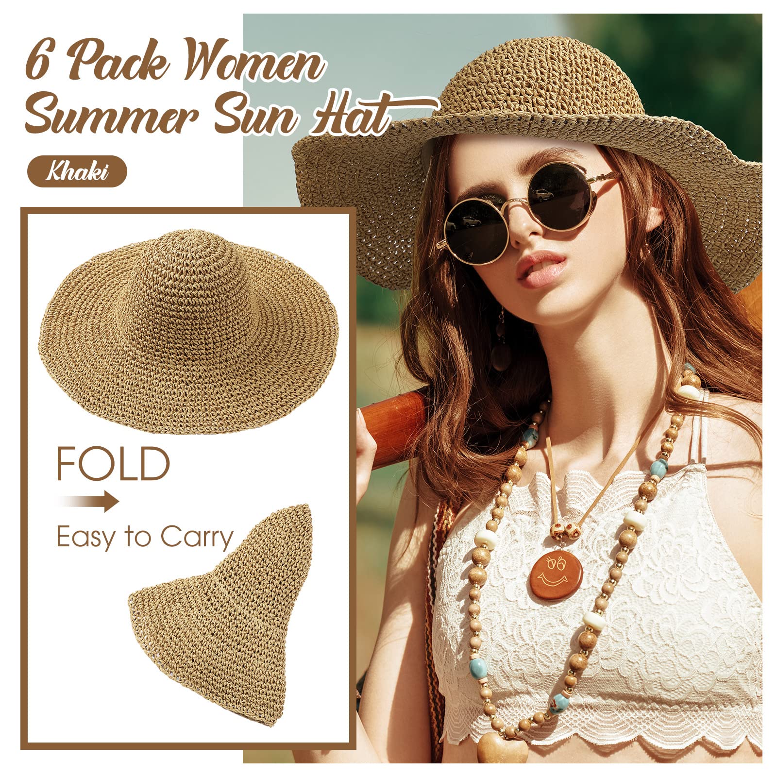 Bonuci 6 Pcs Floppy Straw Sun Hat Foldable Packable Wide Brim Scarecrow Hat Breathable Crochet Bucket Beach Hat (Khaki,Classic)