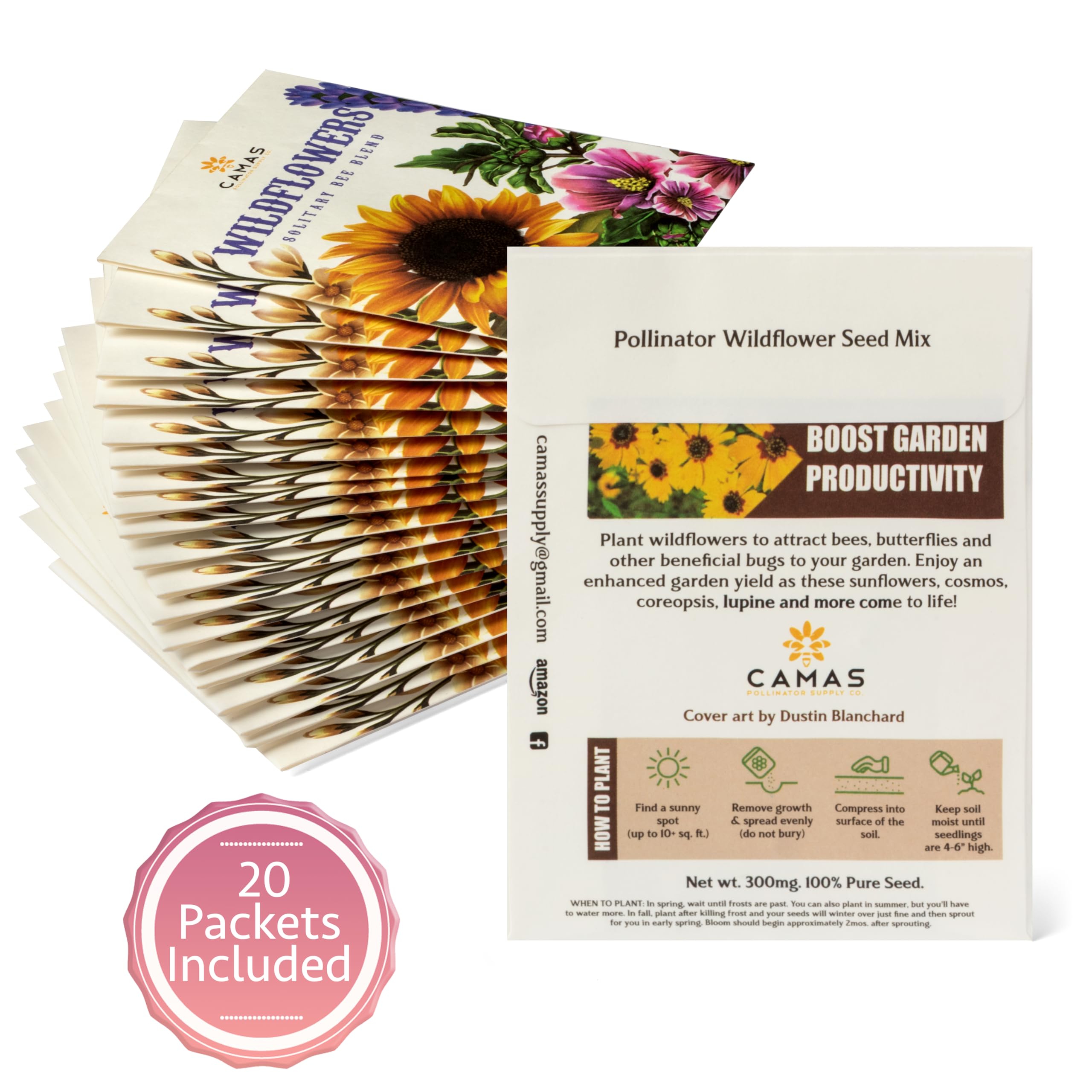 Camas- Pollinator Wildflower Seed Packets - (20) Party Favors to Attract Bees, Butterflies, and Hummingbirds to Your Plant and Flower Garden-Annual Wildflower Mix