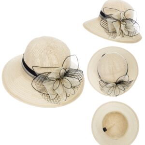 Women Kentucky Organza Derby Hat - Bridal Wedding Church Tea Party Wide Brim Summer Sun Cap Beige