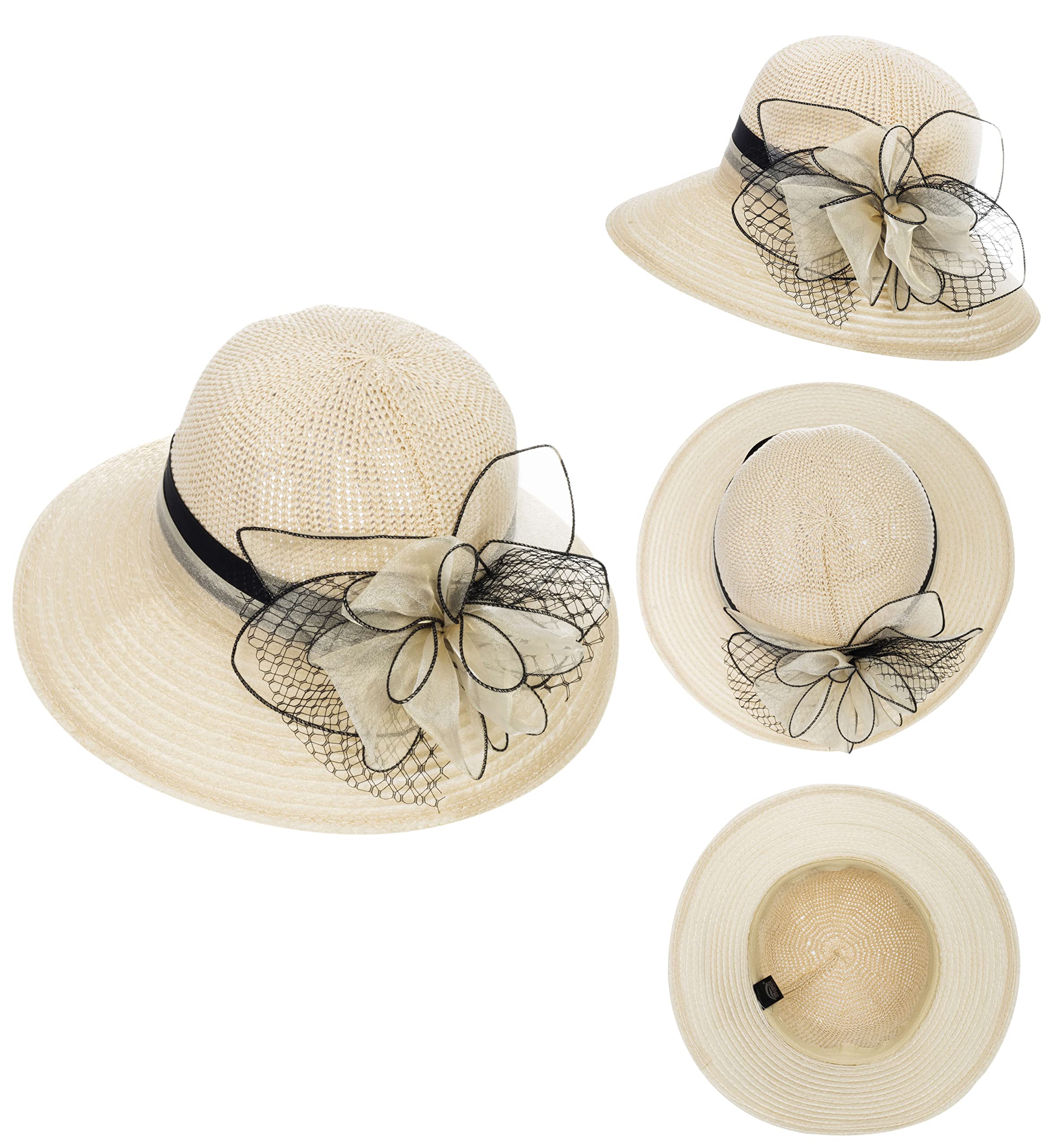 Women Kentucky Organza Derby Hat - Bridal Wedding Church Tea Party Wide Brim Summer Sun Cap Beige