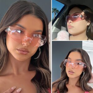 Haqptul Rimless Y2K Sunglasses Star Wrap Around Glasses 2000S Accessories for Women Men Trendy Fashion Cool Shield Shades (Pink/Pink)