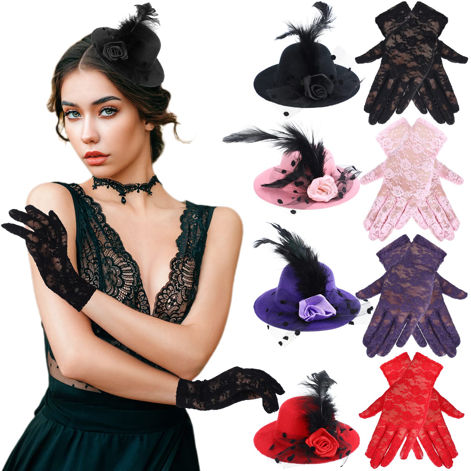 4 Sets Women Tea Party Hat and Gloves Fascinators Hats for Women Girls Kids Tea Party Headband with Lace Fascinator Gloves Mini Tea Party Hats Cocktail Party Supplies Fancy Hair Fascinators