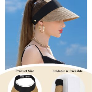 Womens Sun Hat Straw Visor UV Protection Wide Brim Packable Travel Summer Cap for Beach UPF 50+(Khaki)