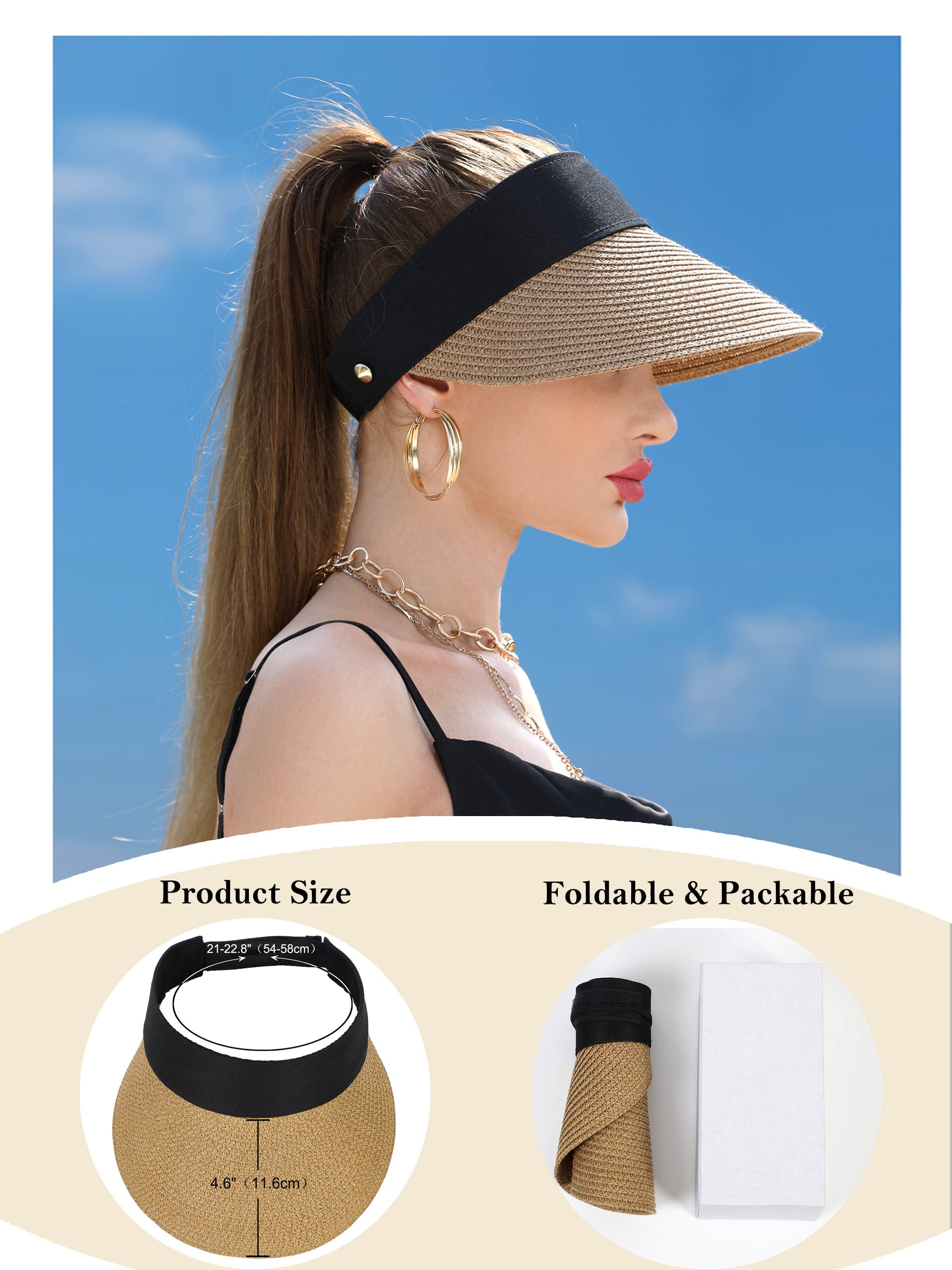 Womens Sun Hat Straw Visor UV Protection Wide Brim Packable Travel Summer Cap for Beach UPF 50+(Khaki)