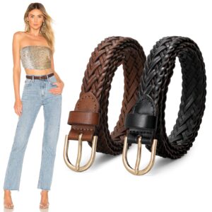 jasgood 2 pack women skinny leather belts thin braided leather belts casual woven waist belt for jeans pants dresses