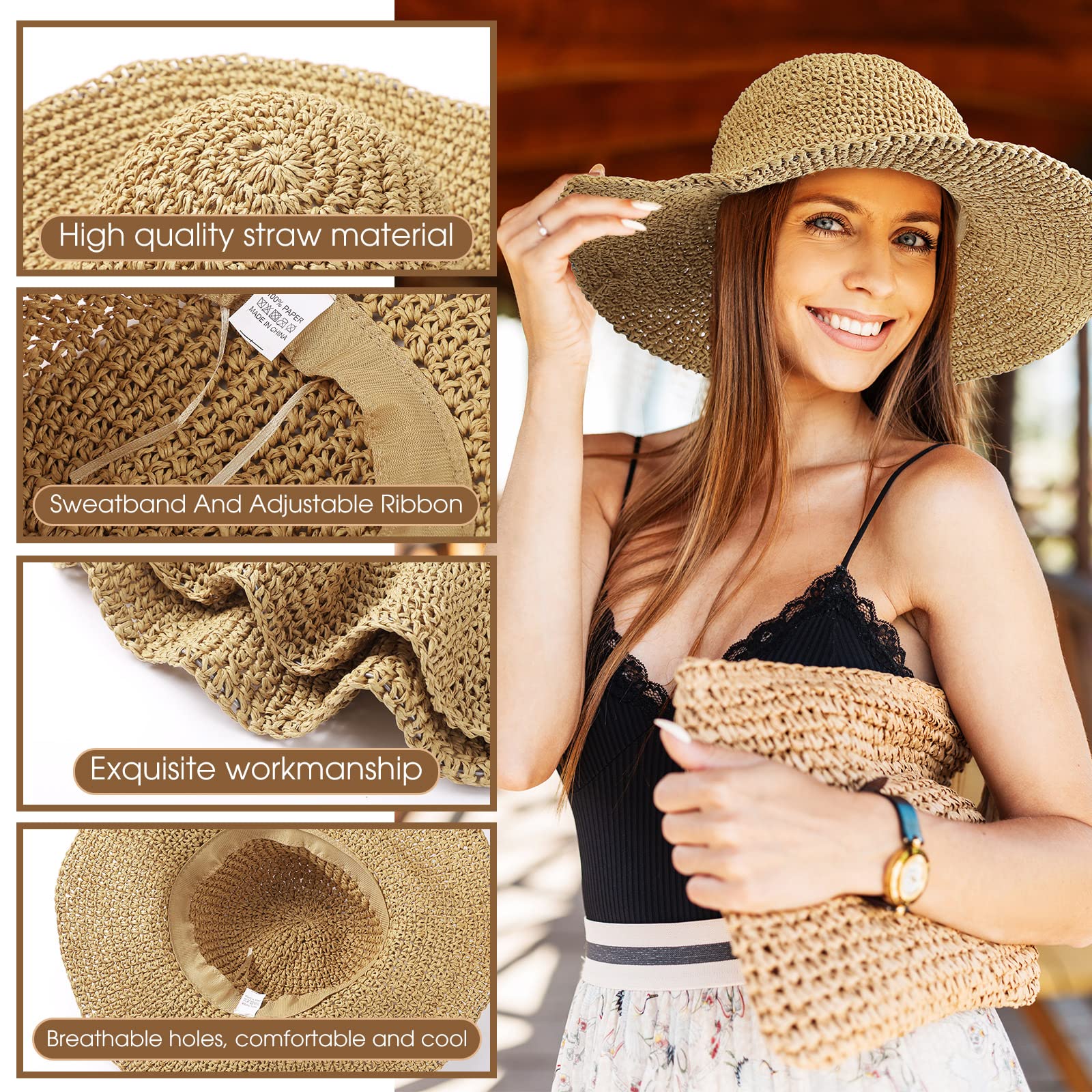 Bonuci 6 Pcs Floppy Straw Sun Hat Foldable Packable Wide Brim Scarecrow Hat Breathable Crochet Bucket Beach Hat (Khaki,Classic)