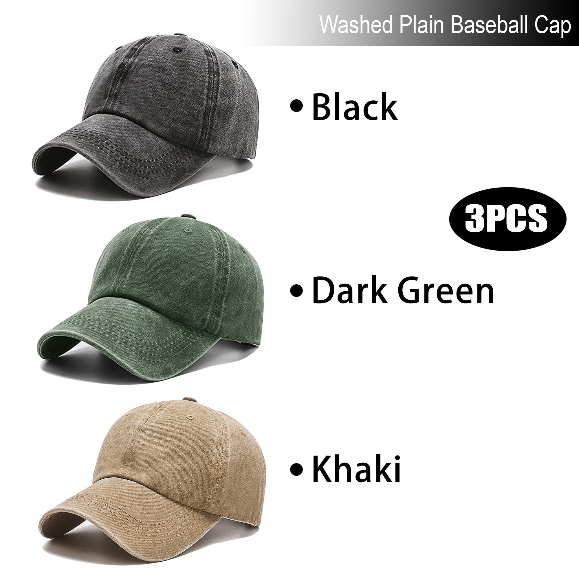 3 Pack Washed Plain Vintage Baseball Cap Cotton Adjustable Twill Bulk Low Profile Classic Dad Hat for Men/Women(Dark Green+Black+Khaki)