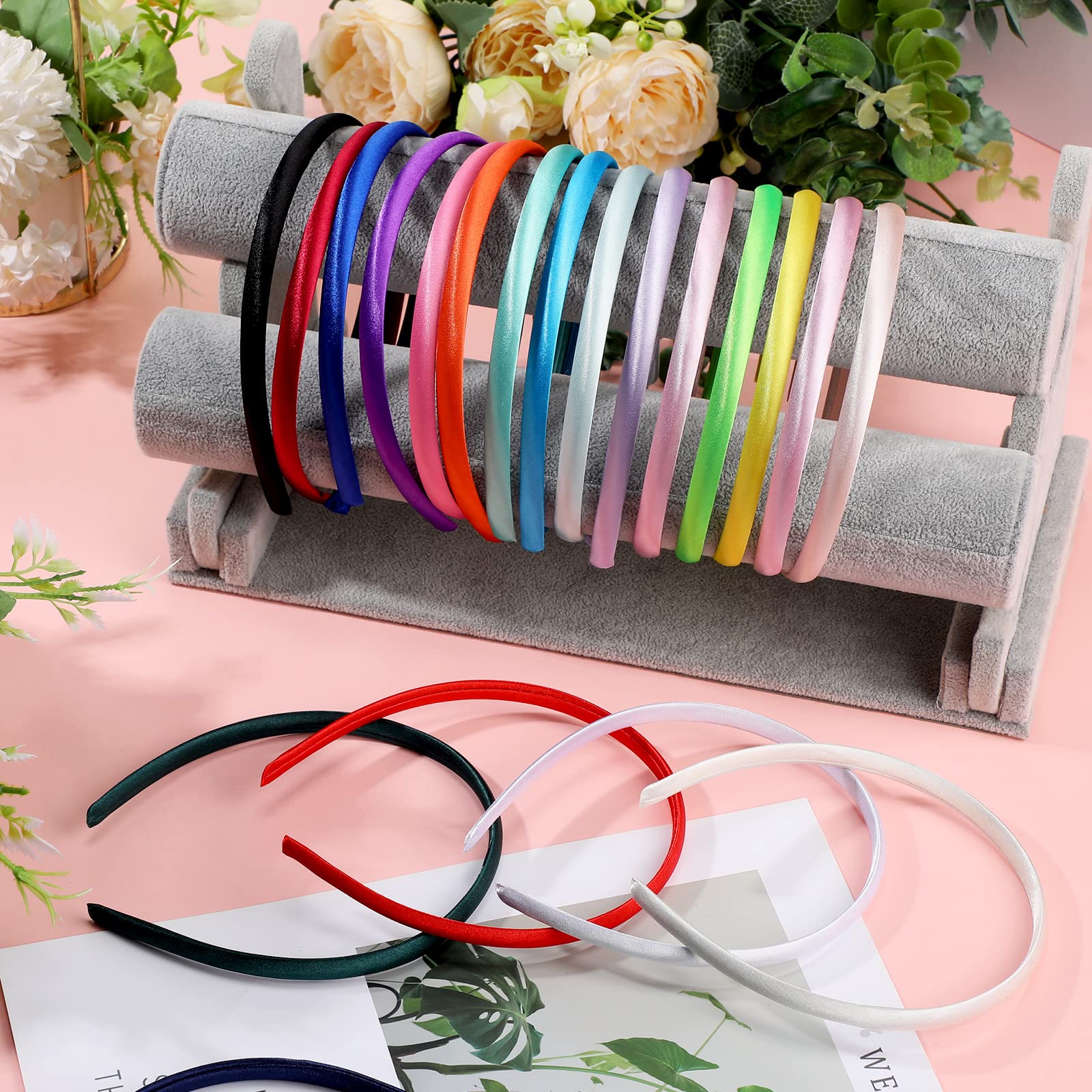 XunYee Satin Covered Headbands for Women - 100 Pieces 0.4 Inch Width Colorful Thin Plain Hairbands (Multi Colors)