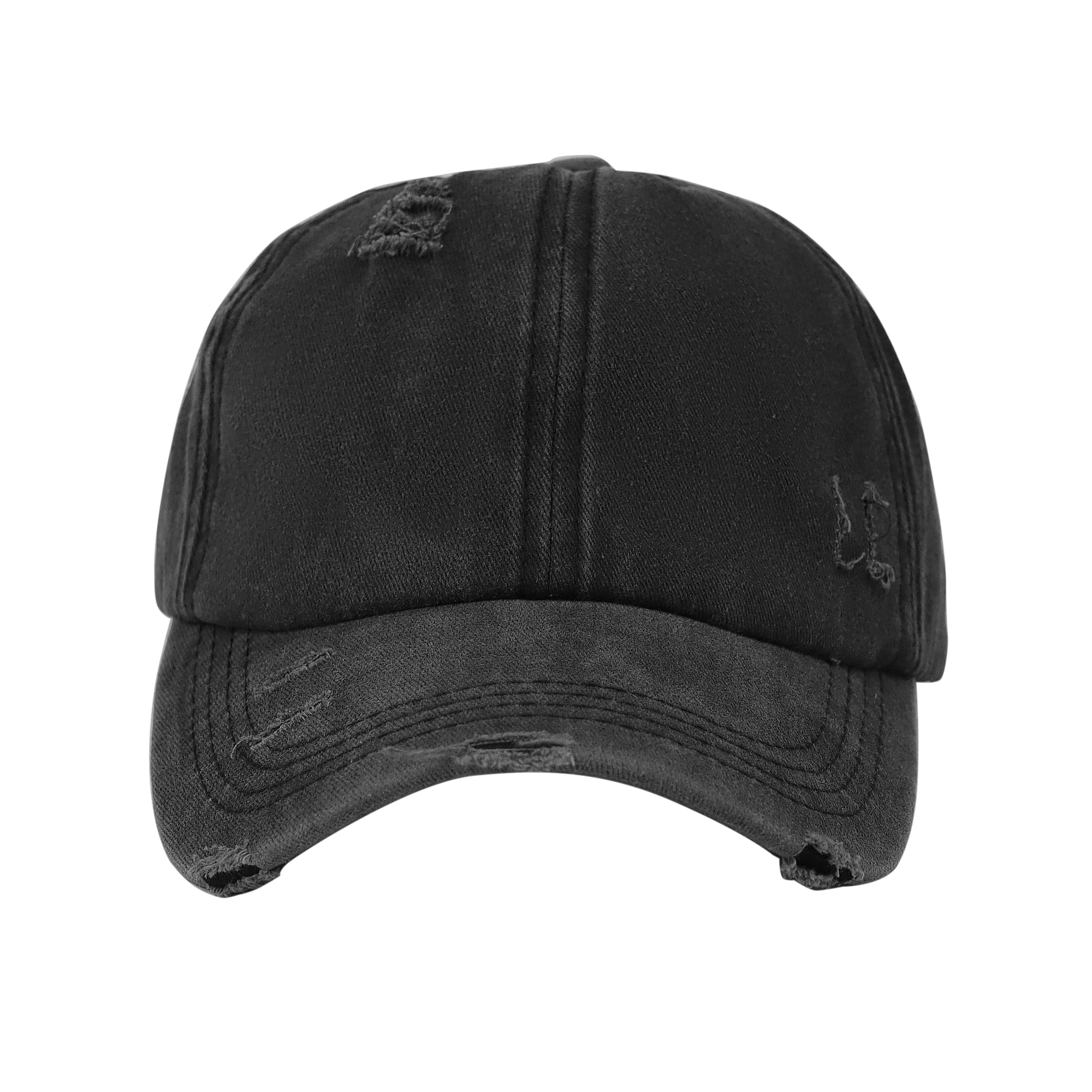 HGGE Women Ponytail Criss Cross High Messy Buns Ponycaps Baseball Cap Adjustable Cotton Distressed Dad Trucker Hat for Outdoor Sports Travel Black