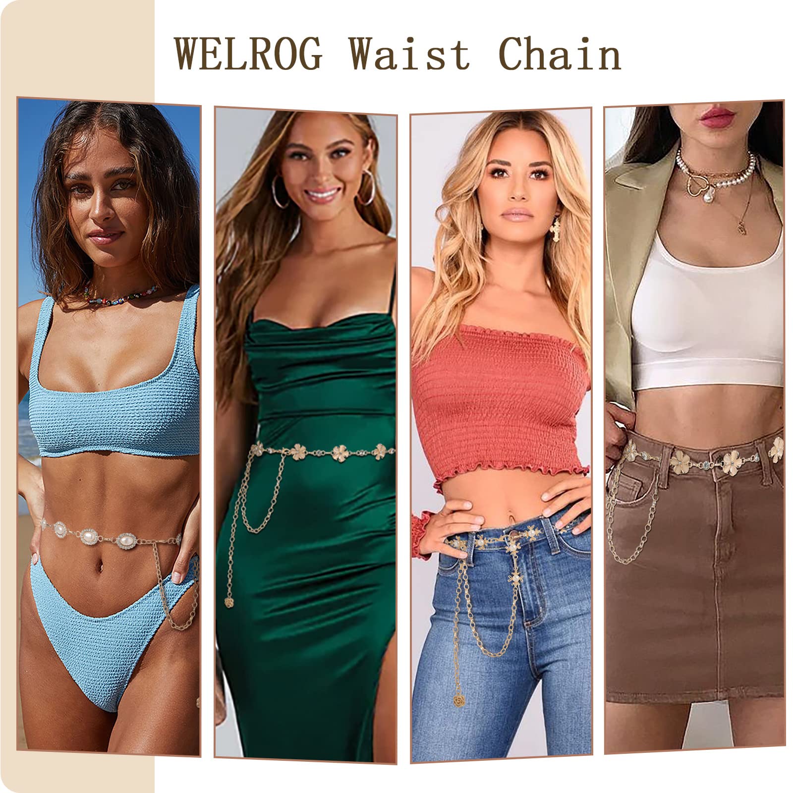 WELROG Metal Waist Chain Belt for Women - Pearls Gold Silver Chain Belts for Dresses Jeans