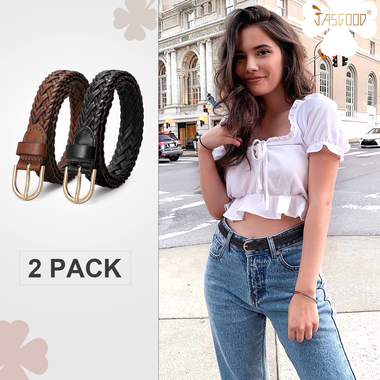 JASGOOD 2 Pack Women Skinny Leather Belts Thin Braided Leather Belts Casual Woven Waist Belt for Jeans Pants Dresses