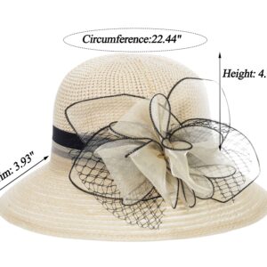 Women Kentucky Organza Derby Hat - Bridal Wedding Church Tea Party Wide Brim Summer Sun Cap Beige