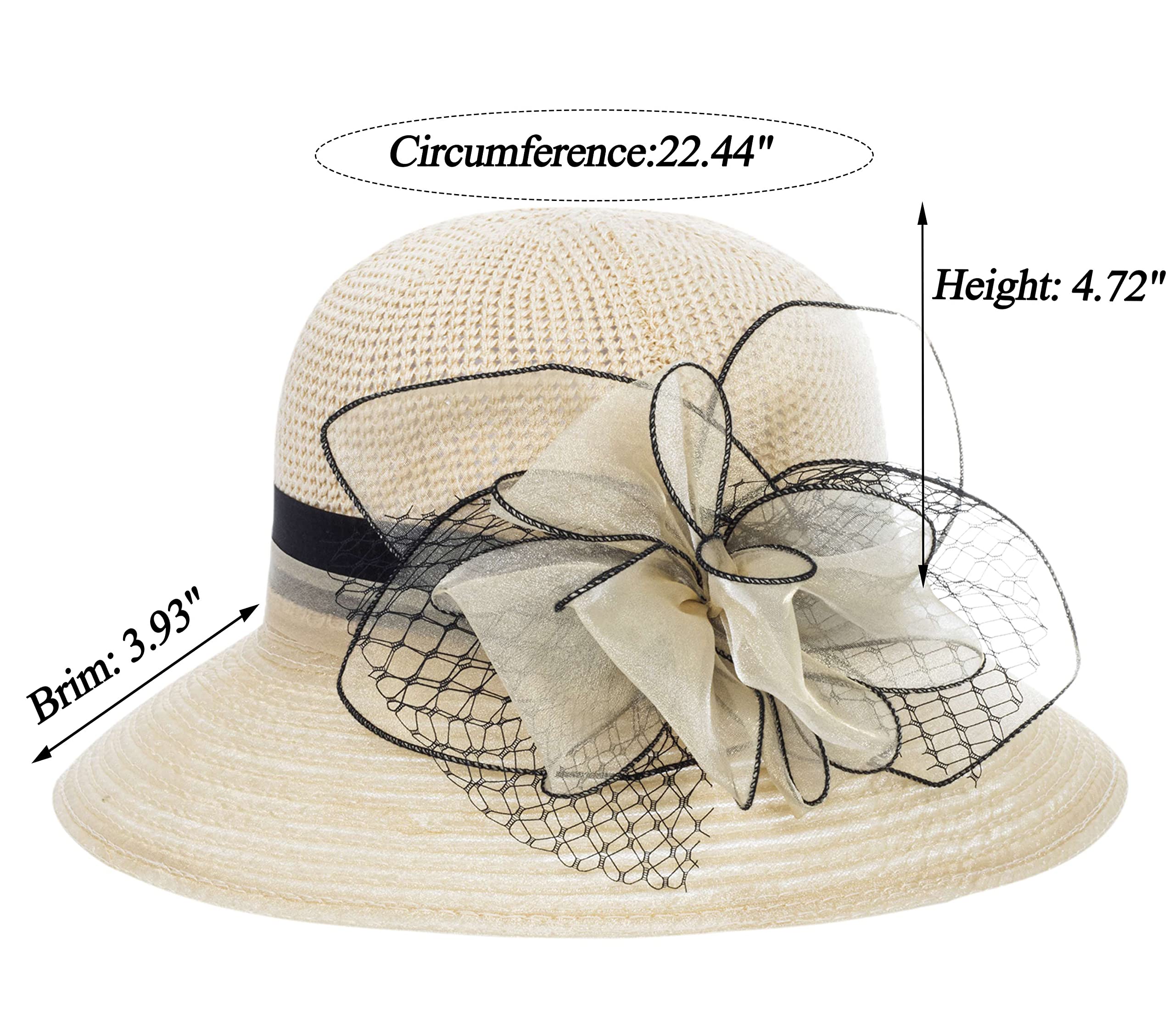 Women Kentucky Organza Derby Hat - Bridal Wedding Church Tea Party Wide Brim Summer Sun Cap Beige