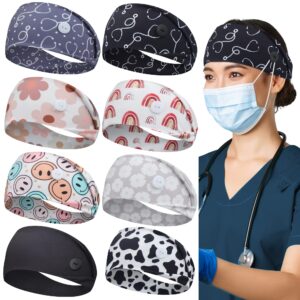 abamerica headbands with button for mask, wide nurses headbands non slip elastic ear protection for women men doctors sweatband head wrap