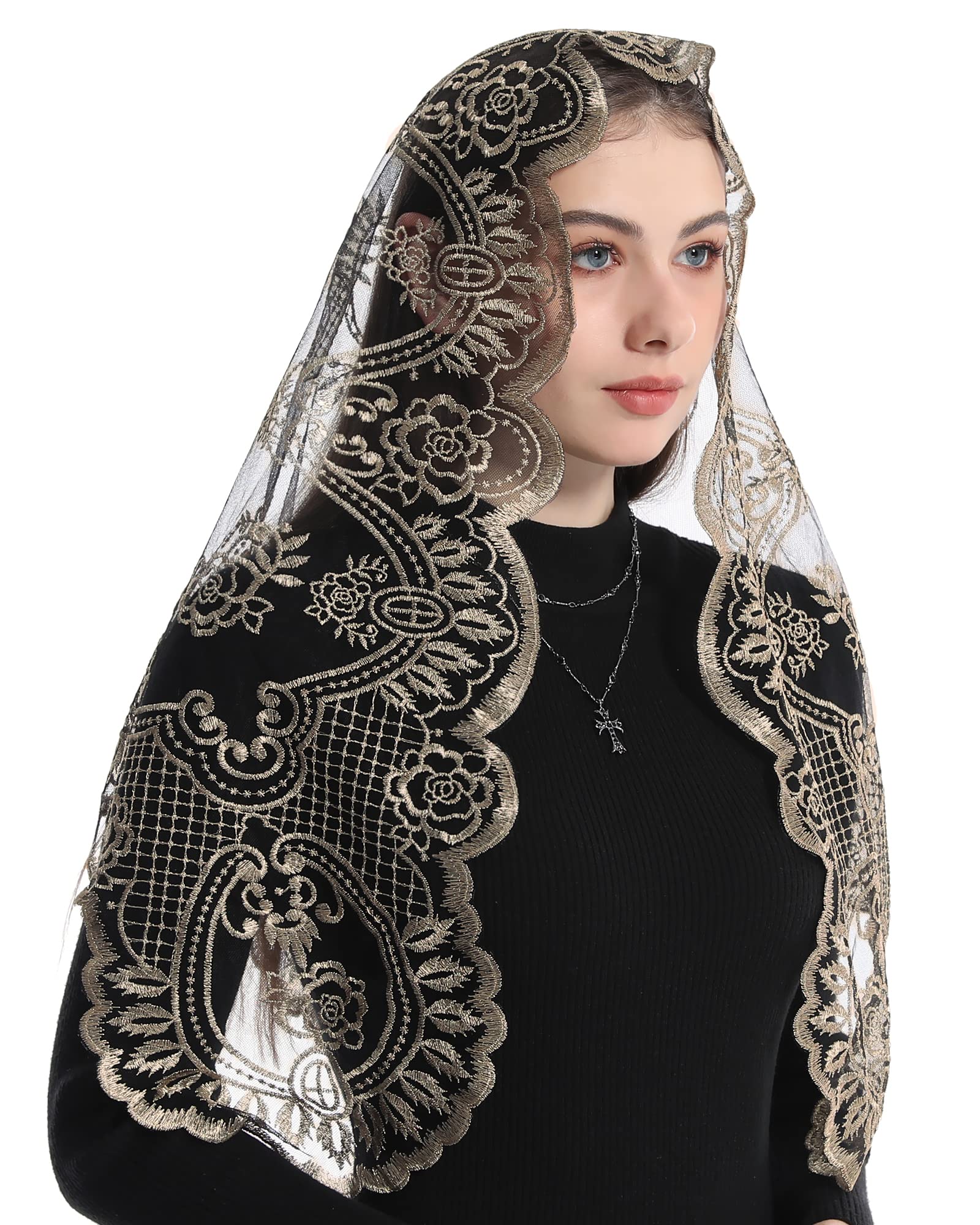 Bozidol Church Veil Lace Mantilla - Triangle Virgin Mary Head Covering Spanish Veil for Women