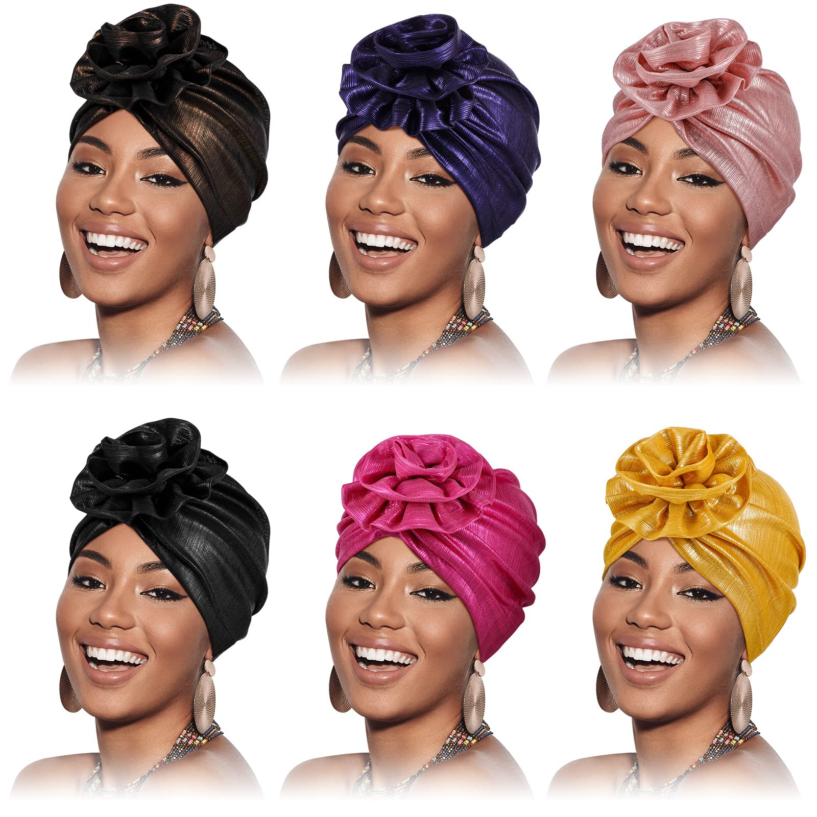 Hanaive 6 Pieces Women African Turban Flower Knot Headwrap Colorful African Hats Wrap Caps Bonnet Elastic Head Wraps for Black Women Friends