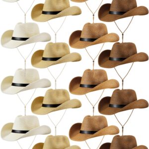 Mepase 12 Pcs Adult Straw Cowboy Hats Western Cowgirls Hat Bulk Wide Brim Beach Sun Hat Floppy UV Protection Hat for Women Men