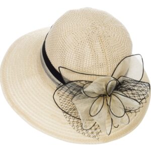 Women Kentucky Organza Derby Hat - Bridal Wedding Church Tea Party Wide Brim Summer Sun Cap Beige