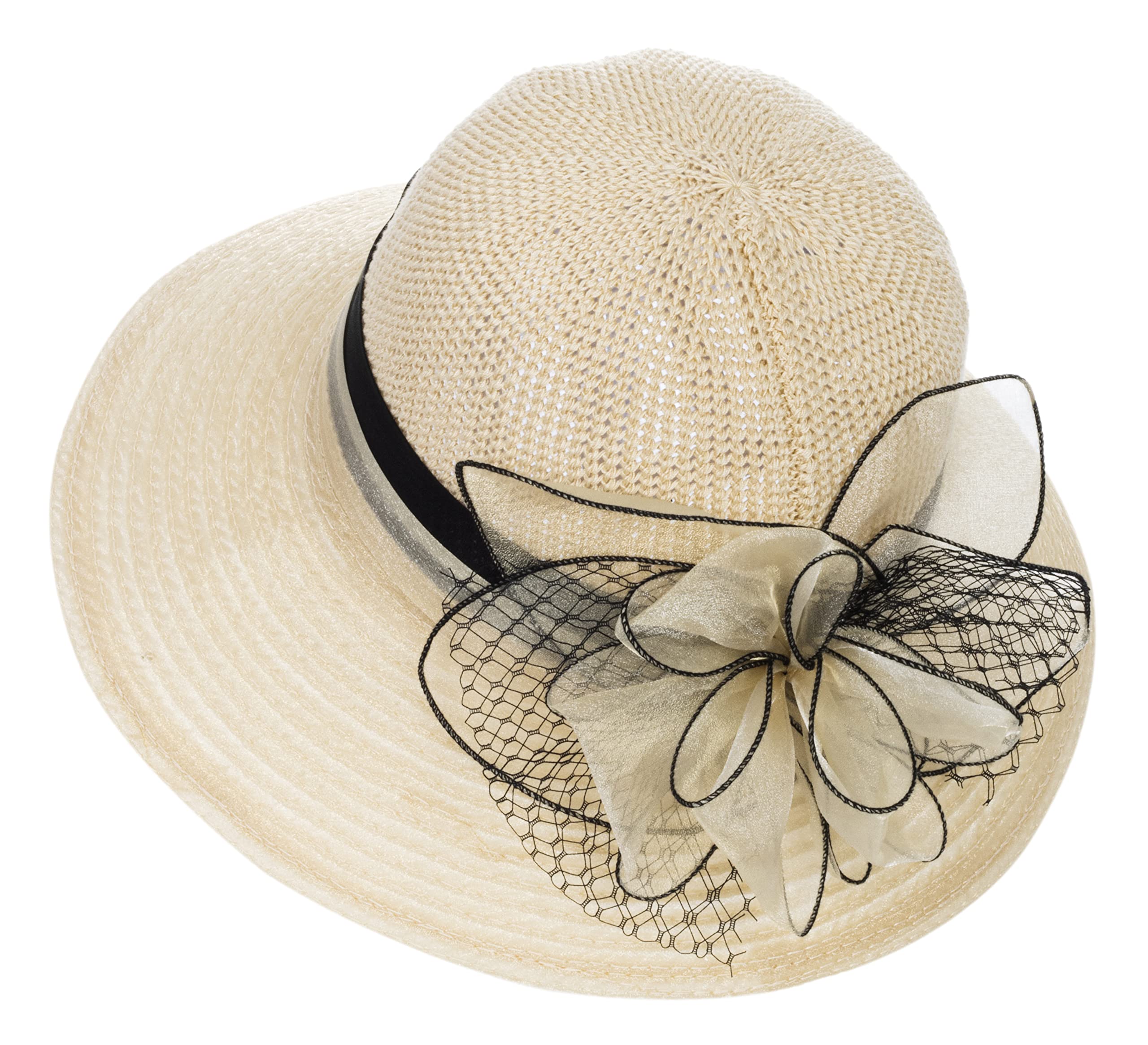 Women Kentucky Organza Derby Hat - Bridal Wedding Church Tea Party Wide Brim Summer Sun Cap Beige