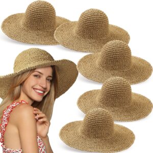 Bonuci 6 Pcs Floppy Straw Sun Hat Foldable Packable Wide Brim Scarecrow Hat Breathable Crochet Bucket Beach Hat (Khaki,Classic)