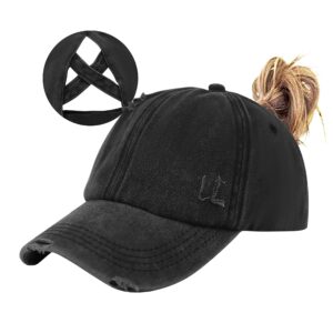 hgge women ponytail criss cross high messy buns ponycaps baseball cap adjustable cotton distressed dad trucker hat for outdoor sports travel black