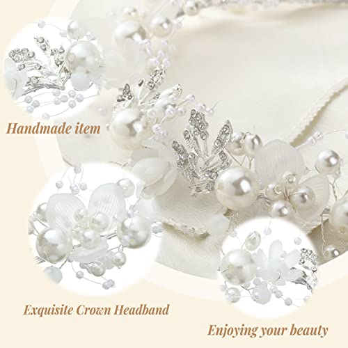 Yinder 3 Pcs Flower Headpiece Hair Accessories for Wedding Flower Headband Flower Crown Floral Tiara Rhinestone Pearl Headband for First Communion Prom(Silver)