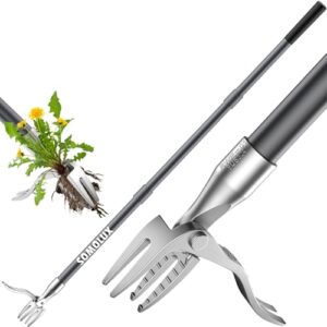 somolux 52'' weed puller tool stand-up weeder with metal long handle/stainless steel claw, gardening manual tool weed gripper/picker/remover no bending/kneeling to remove dandelion form lawn patio