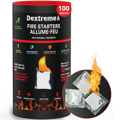 Dextreme Quick Instant Fire Starter - Waterproof All-Purpose Indoor & Outdoor Firestarter, for Charcoal Starter, Campfire, Fireplace, BBQ, Survival and Wood Stove (100 Pcs Tube)