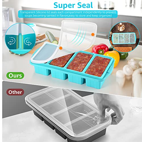 Ztomine Silicone Freezer Tray With Lid - Silicone Freezer Food Molds- Large Ice Cube Tray,Silicone Freezer Container,Freeze & Store Soup, Sauce, Broth,Leftovers - Makes 4 Perfect 1 Cup