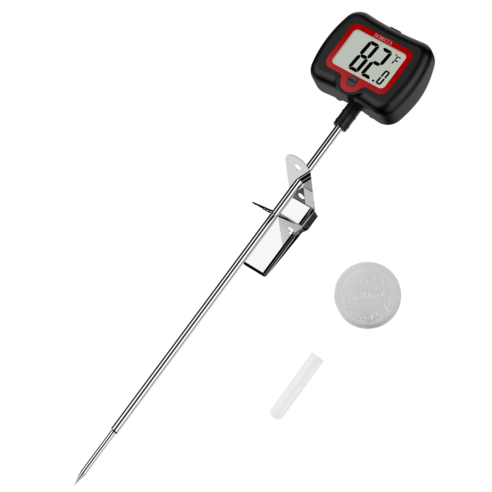 BOMATA 8" Long Probe Candy Thermometer with Pot Clip, Rotating Display, High Accuracy Instant Read Digital Thermometer for Candles, Liquids, Cooking, Grilling and More… Black