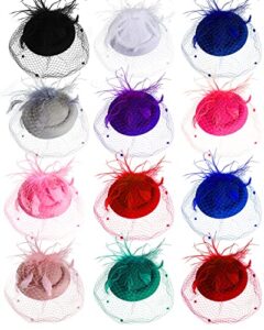 hoteam costume headwear 12 pcs fascinators hats for women girls tea party hat with veil vintage mesh feathers cocktail tea party headwear for wedding, halloween, christmas party