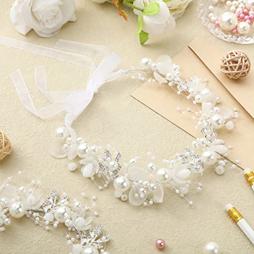 Yinder 3 Pcs Flower Headpiece Hair Accessories for Wedding Flower Headband Flower Crown Floral Tiara Rhinestone Pearl Headband for First Communion Prom(Silver)