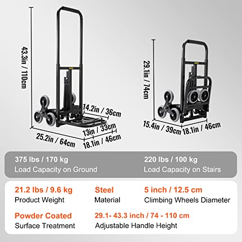 VEVOR Stair Climbing Hand Truck, Heavy-Duty Hand Cart Dolly 375 lbs Load Capacity, Foldable Stair Climber Hand Trucks with Adjustable Handle, All Terrain Cart for Stairs with 10 Wheels