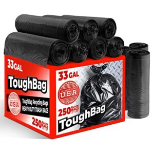 ToughBag 30-33 Gallon Trash Bags, 32 x 38" Black Garbage Bags (250 COUNT) – 30+, 32 Gallon Outdoor Industrial Garbage Can Liner for Custodians, Landscapers, Lawn Bags - Made In USA